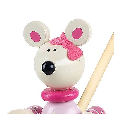 Orange Tree Toys Push Along Pink Mouse Colorful Wheeled Character with Handle Wooden Toy