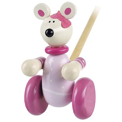 Orange Tree Toys Push Along Pink Mouse Colorful Wheeled Character with Handle Wooden Toy