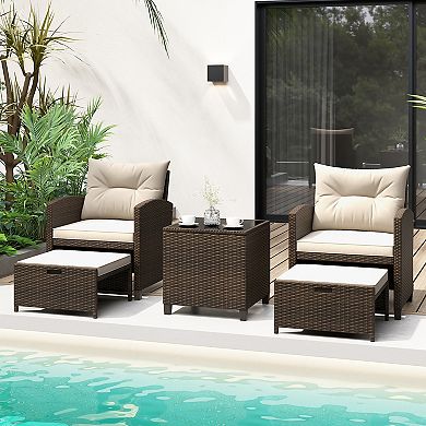 5 Pieces Patio Rattan Furniture With 2 Ottomans And Tempered Glass Coffee Table