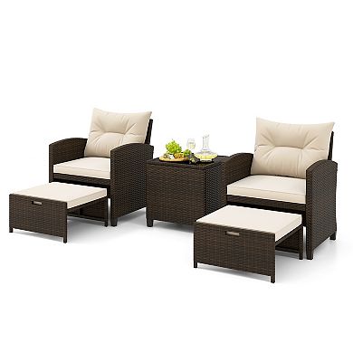 5 Pieces Patio Rattan Furniture With 2 Ottomans And Tempered Glass Coffee Table