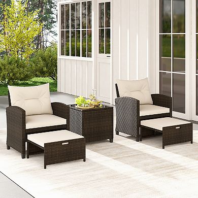 5 Pieces Patio Rattan Furniture With 2 Ottomans And Tempered Glass Coffee Table