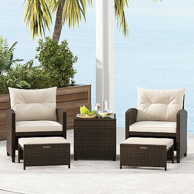 5 Pieces Patio Rattan Furniture With 2 Ottomans And Tempered Glass Coffee Table