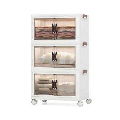 3-tier Stackable Storage Boxes Bins With Magnetic Doors And Lockable Casters