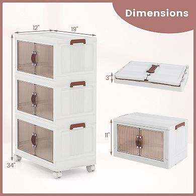 3-tier Stackable Storage Boxes Bins With Magnetic Doors And Lockable Casters