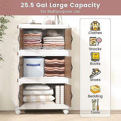 3-tier Stackable Storage Boxes Bins With Magnetic Doors And Lockable Casters