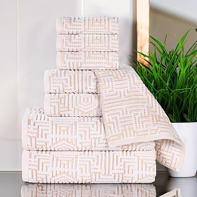 SUPERIOR 8-Piece Cotton Geometric Jacquard Plush Absorbent Towel Set