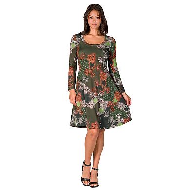 Women's 24Seven Comfort Apparel Paisley Print Long Sleeve Knee Length Dress