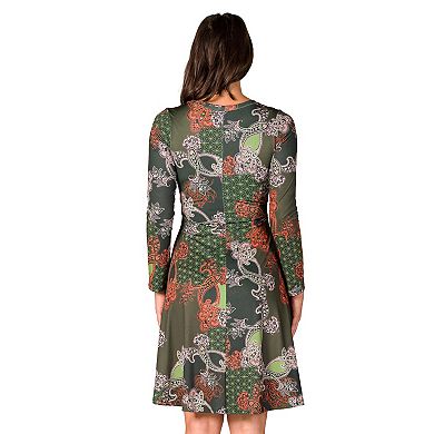 Women's 24Seven Comfort Apparel Paisley Print Long Sleeve Knee Length Dress