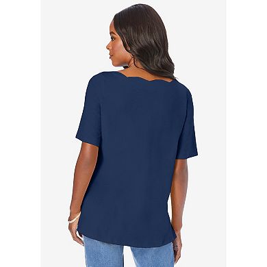 Roaman's Women's Plus Size Scalloped Scoop Neck Ultimate Tee