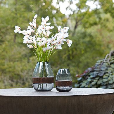 Modern Rustic and Cool Grey Decorative Stoneware Vase with Natural Wood Accent and Chic Clear Finish