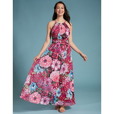 Women's London Times Floral Halter Ruched Maxi Dress