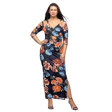 Women's 24Seven Comfort Apparel Three-Quarter Sleeve Side Slit Maxi Dress