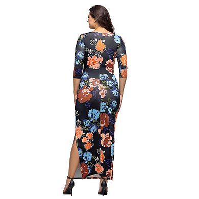 Women's 24Seven Comfort Apparel Three-Quarter Sleeve Side Slit Maxi Dress