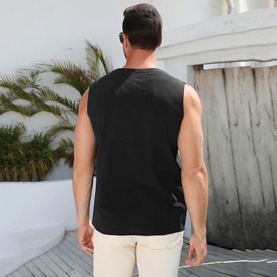 Men's Cotton Linen Tank Top Shirts Casual Sleeveless Lace Up Beach Hippie Tops