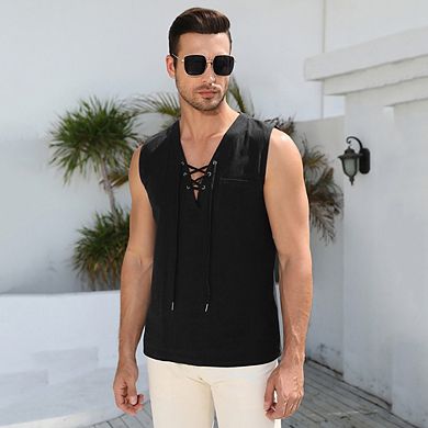 Men's Cotton Linen Tank Top Shirts Casual Sleeveless Lace Up Beach Hippie Tops