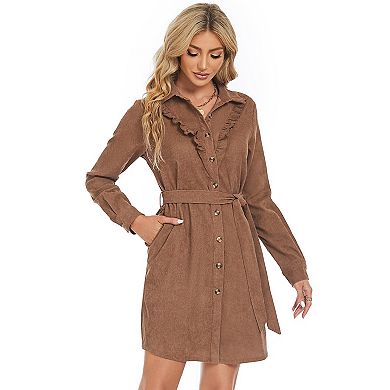 Women's Corduroy Ruffle Hem High Waist Button Front Dress With Belt