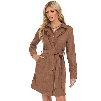 Women's Corduroy Ruffle Hem High Waist Button Front Dress With Belt