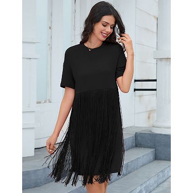 Women's Tassel Dress Casual Summer Dress Short Sleeve Fringe Hem Dresses Party Concert Outfits