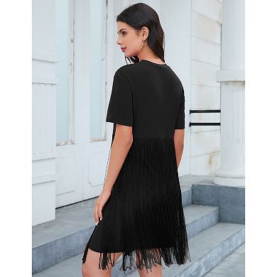 Women's Tassel Dress Casual Summer Dress Short Sleeve Fringe Hem Dresses Party Concert Outfits