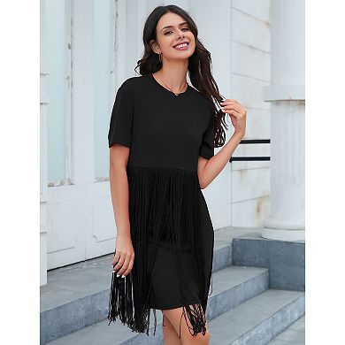 Women's Tassel Dress Casual Summer Dress Short Sleeve Fringe Hem Dresses Party Concert Outfits