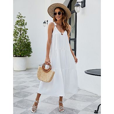 Womens Spaghetti Strap V Neck Tiered Sleeveless Sundress Adjustable Strap Keyhole Cover Up Dresses