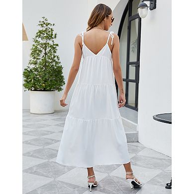 Womens Spaghetti Strap V Neck Tiered Sleeveless Sundress Adjustable Strap Keyhole Cover Up Dresses