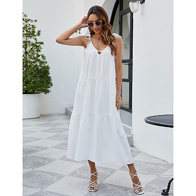 Womens Spaghetti Strap V Neck Tiered Sleeveless Sundress Adjustable Strap Keyhole Cover Up Dresses