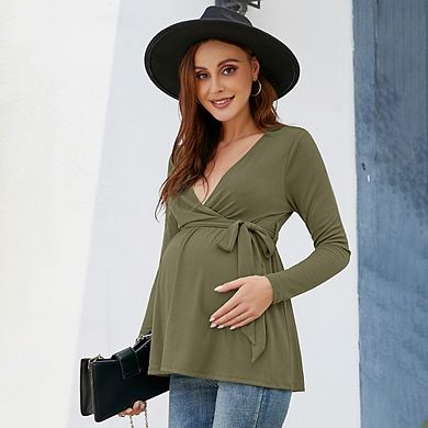 Maternity Shirts Women's Casual Maternity Tops Pregnancy Sleeve Tunic Top Tie Front Wrap