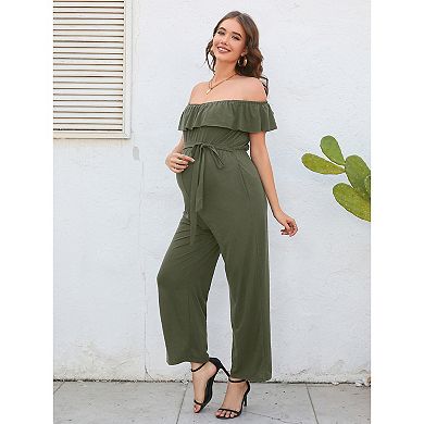 Casual Off Shoulder Maternity Jumpsuits Short Ruffle Sleeves Belted Wide Leg Jumpsuits Romper