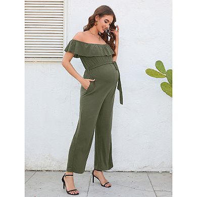 Casual Off Shoulder Maternity Jumpsuits Short Ruffle Sleeves Belted Wide Leg Jumpsuits Romper