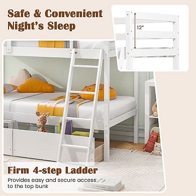 Twin Over Twin Bunk Bed Wood Bed Frame With 2 Storage Drawers And Ladder