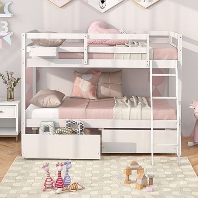 Twin Over Twin Bunk Bed Wood Bed Frame With 2 Storage Drawers And Ladder