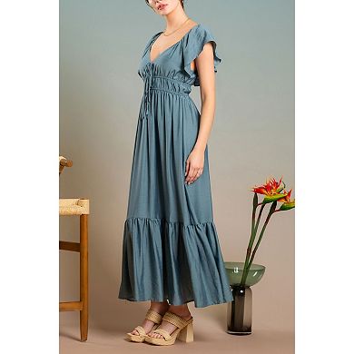 August Sky Women's Butterfly Sleeves Solid Midi Dress