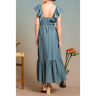 August Sky Women's Butterfly Sleeves Solid Midi Dress