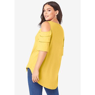 Roaman's Women's Plus Size Ruffle-sleeve Top With Cold Shoulder Detail