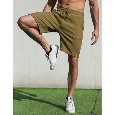 Men's Sweat Shorts With Pocket Casual Summer Waffle Shorts Drawstring Elastic Waist Running Shorts