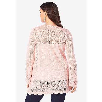 Roaman's Women's Plus Size Bell-sleeve Pointelle Cardigan