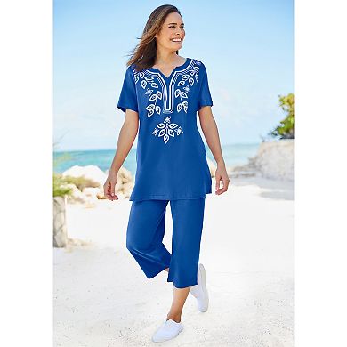 Woman Within Women's Plus Size Printed Tunic And Capri Set