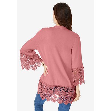 Roaman's Women's Plus Size Fine Gauge Lace-trim Cardigan