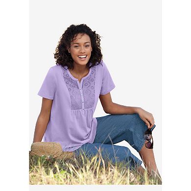 Woman Within Women's Plus Size Eyelet Henley Tee