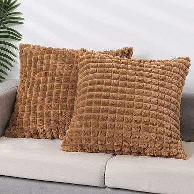 Checked Faux Fur Plush Throw Pillow Covers Solid Soft Fuzzy Cozy Pillowcases 16" X 16", 20" X 20"