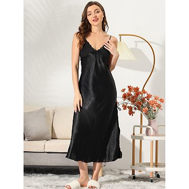 Women's Satin Nightgown V Neck Nightdress Midi Side Slit Casual Dress