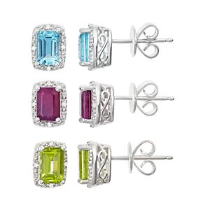 Sterling Silver Gemstone & Diamond Accent Rectangle Halo Stud Earrings