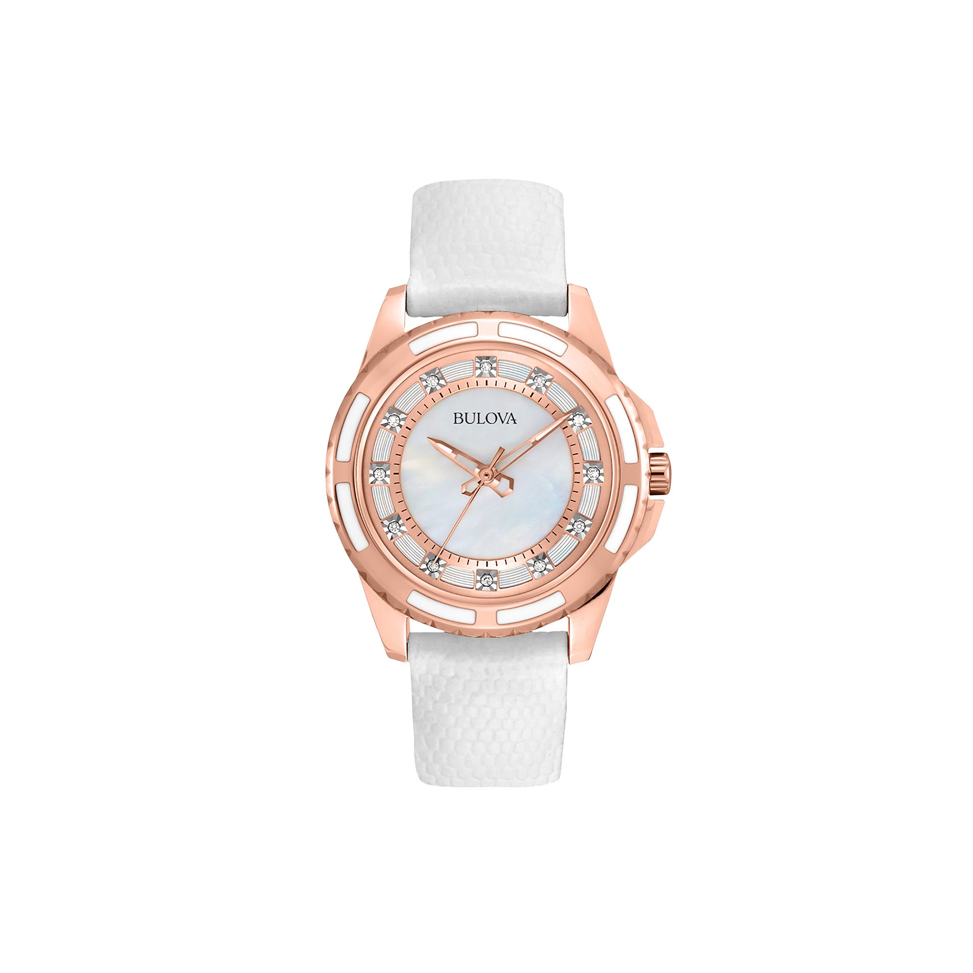 Bulova Stainless Steel Rose Gold Tone Diamond Accent & Mother-of-Pearl Leat