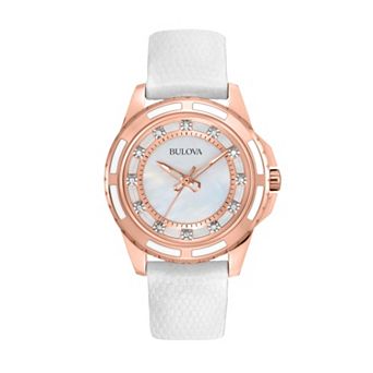 Bulova Stainless Steel Rose Gold Tone Diamond Accent & Mother-of-Pearl Leather Watch - 98P119 - Women
