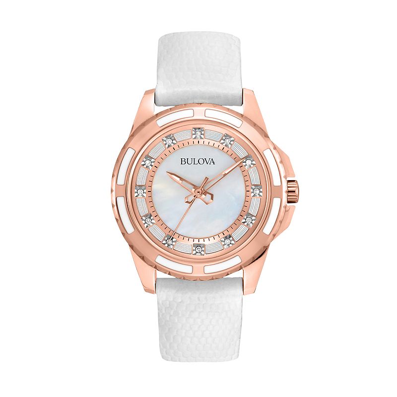 Bulova Stainless Steel Rose Gold Tone Diamond Accent & Mother-of-Pearl Leather Watch - 98P119 - Women, Women's, Multicolor