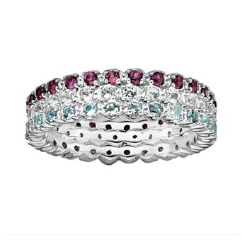 Stacks & Stones Sterling Silver Aquamarine, White Topaz & Rhodolite Garnet Eternity Stack Ring Set