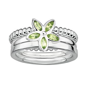 Stacks & Stones Sterling Silver Peridot Flower Stack Ring Set