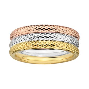 Stacks & Stones 18k Gold Over Silver & Sterling Silver Tri-Tone Textured Stack Ring Set