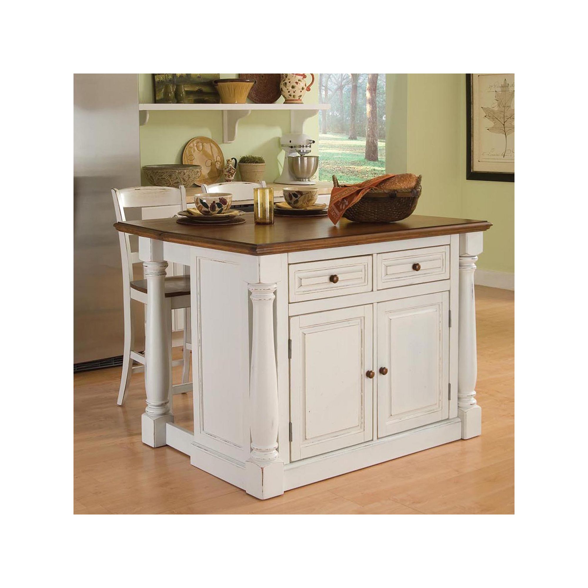 Monarch 3-pc. Kitchen Island & Counter Stools Set, Antq White